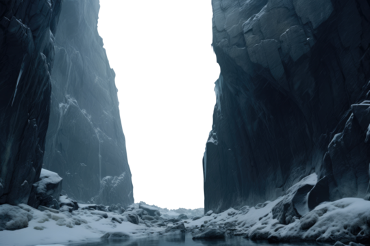 steep cliffs over a frozen lake. frozen shore. frozen ocean. ice fjords. transparent PNG background. winter lake.