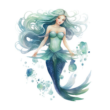 Watercolor Mermaids Illustration, Generative Ai