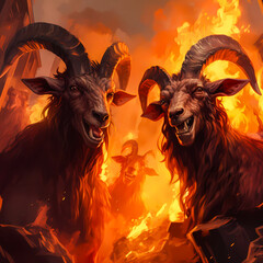 Two goats standing in hellfire