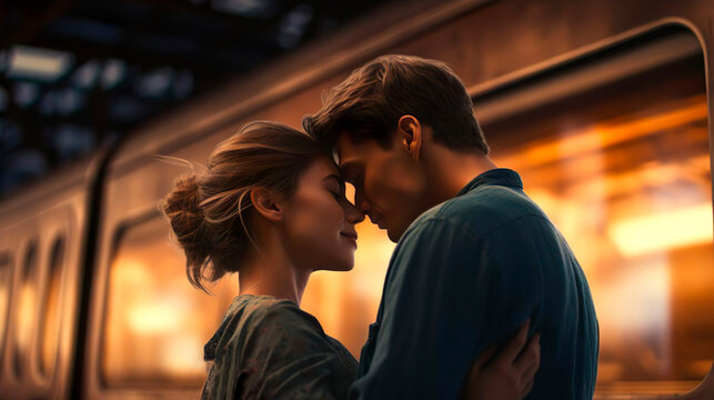 Love passion relationship emotion concept. Young romantic couple hugging and kissing at the train station. Attractive people woman and man. The boyfriend missing girlfriend. Train background. - Powered by Adobe