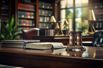 Law office with judge's gavel, desk, blurred books & bookshelf in background. Generative AI