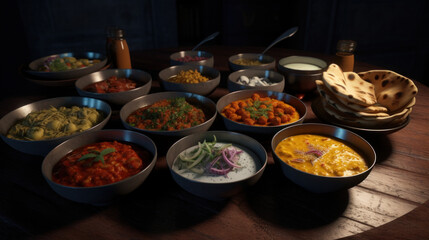 Delicious Indian Cuisine: Bowls of Flavorful Food Illuminated on a Table, Awaiting a Satisfying Feast.