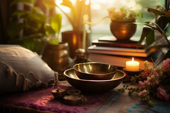 A tranquil space for peaceful meditation adorned with a singing bowl, books, flowers, and candles, creating a serene atmosphere. Generative AI