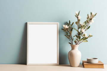 Simple 12x16 White Picture Frame Mockup with Light Blue Wall and Neutral Boho Decor - Frame Opening Ratio is 3x4