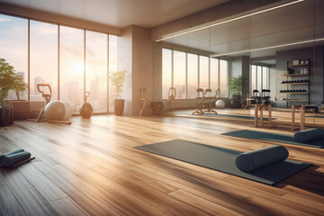 A modern home gym with ocean view, equipped with various workout equipment, yoga mat, and a sunset view. - obrazy, fototapety, plakaty