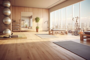 A modern home gym with ocean view, equipped with various workout equipment, yoga mat, and a sunset view.