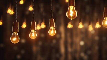 A group of glowing light bulbs hanging against a dark, blurred background, creating a cozy and inviting atmosphere.