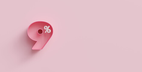 Pink 3d ten percents or 10 % on pink background. For advertising promotion, 3d financial concept design. 10% interest special offer. Symbol icon with percentage. Discount concept for cosmetics.