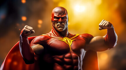 portrait of a muscular superhero in a red costume