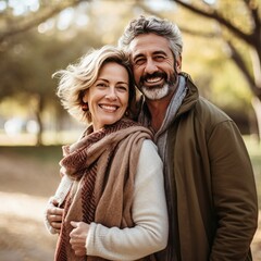 Fototapeta premium smiling happy caucasian mature spouses hugging in the park