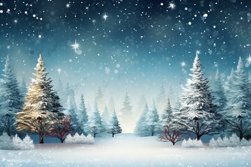 Festive winter scene with snow-covered Christmas trees. Generative AI