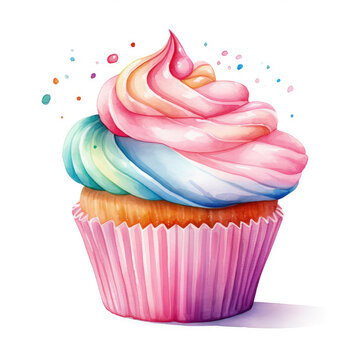 recommend clip art: Watercolor Birthday Cupcakes Illustration, Generative Ai