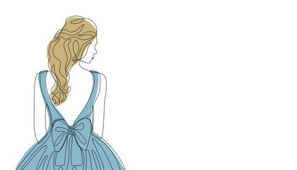 Beautiful bride in long wedding dress. Single line minimalist illustration of the young lady in the evening gown