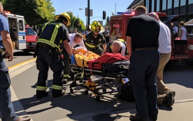 Emergency crews gathered around a pedestrian that has been struck by a car on the road. Generative AI