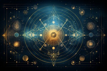 Abstract background with sacred geometry symbols and motifs including alchemy and religious elements. Generative AI - obrazy, fototapety, plakaty