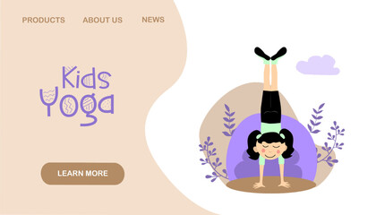  Kids sport and yoga training vector landing page template. Illustration of fitness kid yoga, meditation and balance in cartoon style. Vector illustration