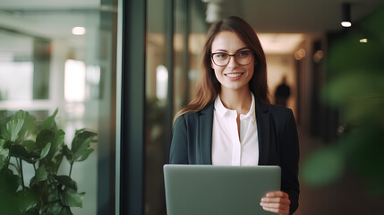 Young smiling professional business woman, happy businesswoman, female company worker intern or corporate manager holding laptop standing in modern office working, looking at camera