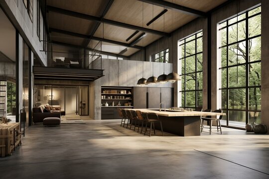 An empty house with a contemporary loft-style layout featuring exposed concrete beams and columns, dark metal windows, and stoneware floors. Generative AI