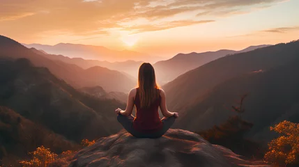 Poster Young woman practicing yoga in mountains at sunset panoramic banner. Harmony, meditation, healthy lifestyle, relaxation, yoga, self care, mindfulness concept © StockSavant