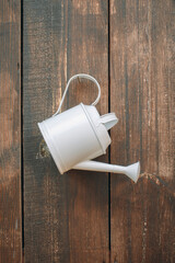 a decorative white metal watering can hangs on a nail on the wall