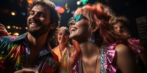 Hipsters having a Christmas or New Year's Eve party. A man and a woman laughing and dancing in a night club. Season greetings concept. Generative AI