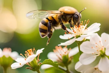 Foto op Aluminium Flying honey bee collecting bee pollen from apple blossom soft bokeh in the background © Luci
