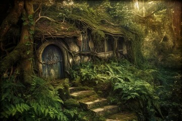 Fototapeta na wymiar Enchanted dwelling in magical woods. Altered. Generative AI