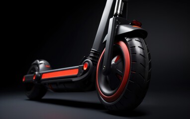 Close-up of the front wheel of an electric scooter over a black background