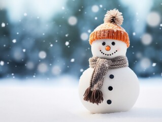 Close-up of a cute toy snowman in a red hat and scarf on a snowy background on a blurred bokeh background in winter Christmas scenery with copy space. Happy New Year's attributes, greeting card.
