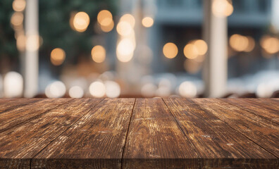 Beautiful natural wooden table with light lamp bokeh background