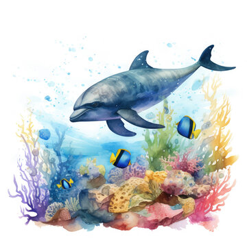 Watercolor Marine life Illustration, Generative Ai