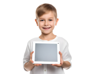Little boy with empty tablet screen mockup, Smiling Kid showing tablet isolated on transparent background, AI