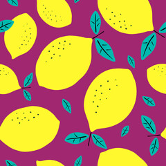 Seamless pattern with lemons. Citrus fruits modern texture yellow purple background. Abstract vector graphic illustration.