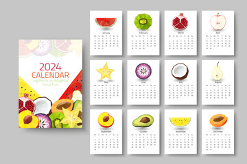 Wall calendar 2024 - polygonal fruit and berries. Vector illustration - obrazy, fototapety, plakaty
