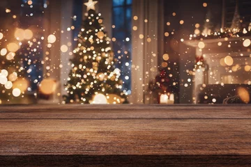 Foto op Canvas Beautiful natural wooden table with christmas background © Alernon77