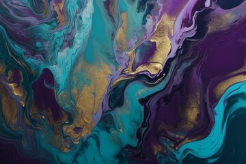 Purple and turquoise abstract art with marble swirls, agate ripples, luxury, natural background, and gold glitter. Generative AI - obrazy, fototapety, plakaty