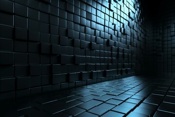 Polished wall background with black tiles and a rectangular, futuristic wallpaper featuring 3D blocks. Rendered image. Generative AI