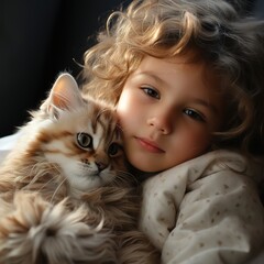 Cute little girl with cat. Adorable child playing with pet. Kid and animal concept.