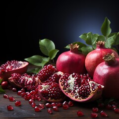 Ripe pomegranate fruits with leaves on dark wooden background