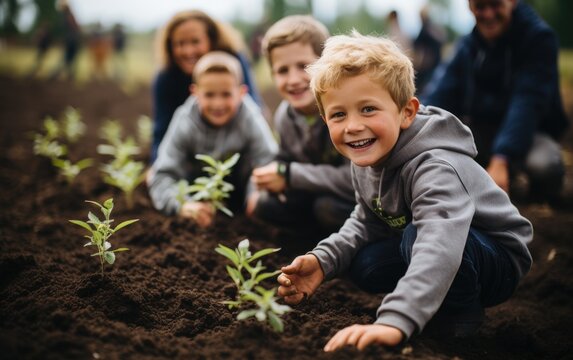 School children planting young trees. Generative AI