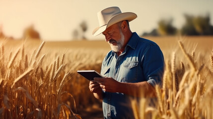 Experienced farmer in a golden wheat field with a digital tablet in his hands. Smart farm. The farm owner checks the harvest using modern technology. Agriculture concept.