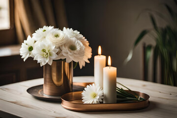 Obraz na płótnie Canvas Bouquet of white flowers in a vase, candles on vintage copper tray, wedding home decor on a table