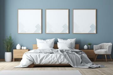 White pillows and duvet on blue bed with linen, sofa, and poster frame mock-up in view. Generative AI