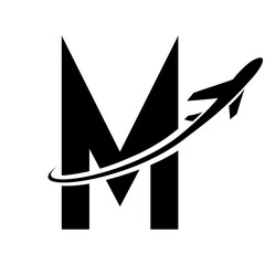 Black Futuristic Letter M Icon with an Airplane