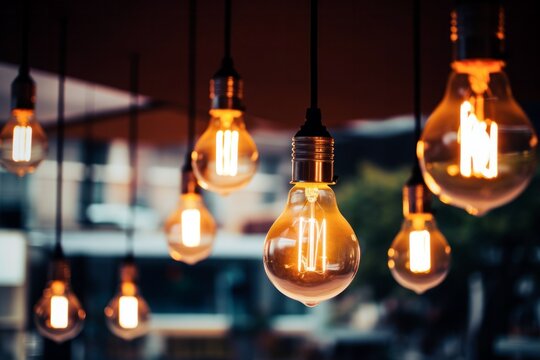 different vintage light bulbs hanging from ceiling in cosy cafe