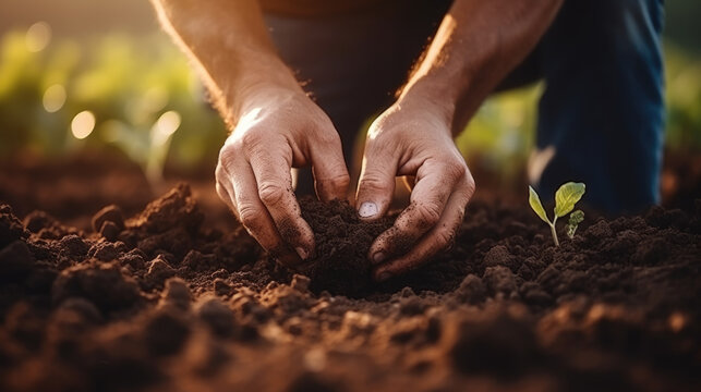 Farmer's hands hold black soil in the field. Male hands touch the soil, checking the quality before sowing. Ecology, gardening concept.