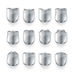 Set of various vintage 3d metal shield icons. Shiny steel heraldic shields. Black protection and security symbol, label. Vector illustration