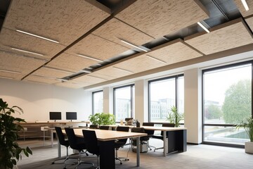 Ceiling-mounted wood wool panels for acoustic insulation in an office. Generative AI - obrazy, fototapety, plakaty
