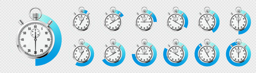 Realistic classic stopwatch. Shiny metal chronometer, time counter with dial. Blue countdown timer showing minutes and seconds. Time measurement for sport, start and finish. Vector illustration