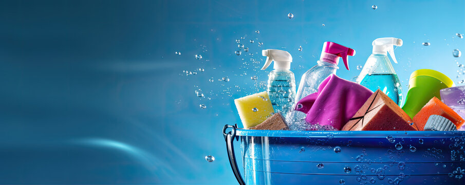 Cleaning product in bleu bucket wide banner. panorama photo. chemicals and facilities for tidying, copy space for text.
